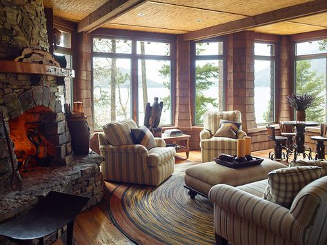 image description Large Lodge Living Room, Lodge Sunroom, Fishing Lodge Decor Lake Cabins, Fishing Cabin Rustic, Rustic Lodge Living Room Fish, Lodge Interiors, Contract Interior Design, Lodge House, Cabin Interior Design