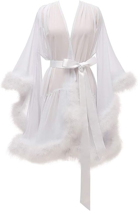 Molisa Short Chiffon Bridal Feather Robe Sheer Lingerie Bathrobe Sleepwear Nightgown Wedding Robes Light Blue XL : Amazon.ca: Clothing, Shoes & Accessories Robe With Fur, Feather Bridal Robe, Cute Pajama Outfits, Fancy Robes, Bridal Dressing Gown, Bridal Sleepwear, Lingerie Nightgown, Bridal Nightgown, Wedding Scarf