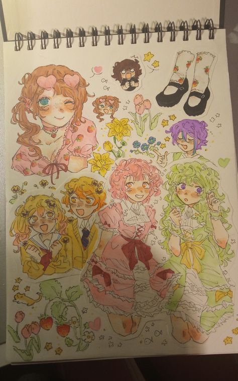 sketchbook page with project sekai, flower and strawberry doodles. Themed Sketchbook, Sketchbook Page Ideas, Sketchbook Pages Inspiration, Pjsk Fanart, Kawaii Drawing, Pretty Drawings, Colorful Stage, Sketchbook Pages, A Silent Voice