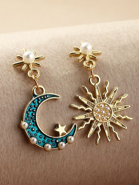 Pattern Package, Sun Pattern, Moon And Star Earrings, Asymmetrical Earrings, Moon Pattern, Pearl Necklace Set, Mismatched Earrings, Beaded Drop Earrings, Star Moon