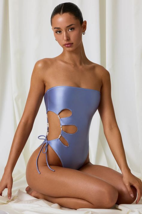 Natura Pearl-Detail Cut-Out Bandeau Swimsuit in Lavender Purple | Oh Polly Swimsuits One Piece, Lavender Swimsuit, Trendy Fitted Purple Swimwear, Chic Purple Swimwear, Summer Backless Purple Swimwear, Swimsuit One Piece, Swim Suits, Purple Fitted Strapless Swimwear, Playful Purple Swimwear