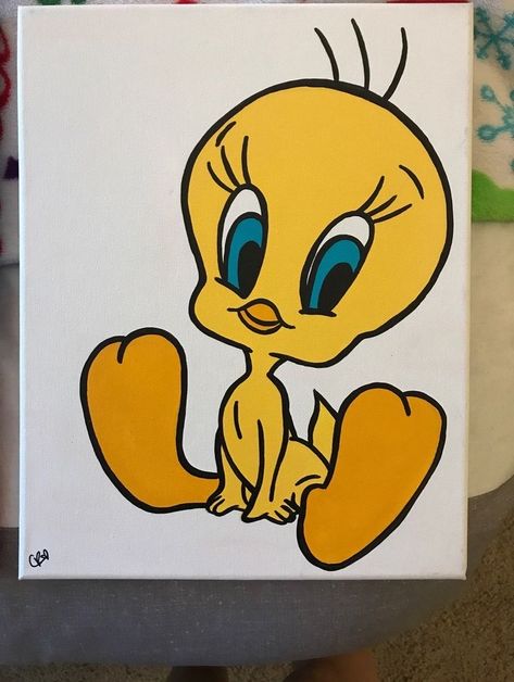 Tweety Painting On Canvas, Tweety Canvas Painting, Disney Cartoon Paintings, Tweety Painting, Tweety Bird Painting, Cute Disney Paintings Easy, Cartoon Art Painting Easy, Tweety Drawing, Disney Art Painting Easy