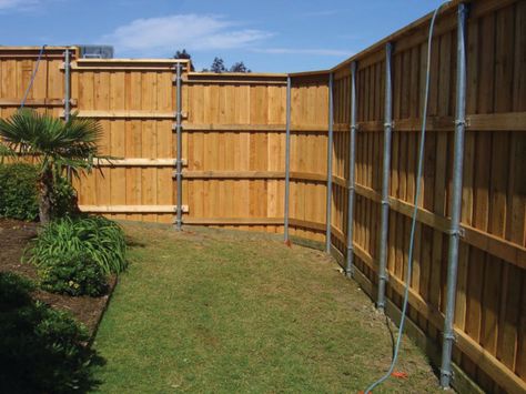 The Fence Line: Building a Wood Fence with Metal Posts? See next picture to see how to build a facade around the posts Fence With Metal Posts, Steel Fence Posts, Wood Fence Post, Metal Fence Posts, Privacy Fence Designs, Metal Post, Wood Pergola, Metal Pergola, Diy Fence