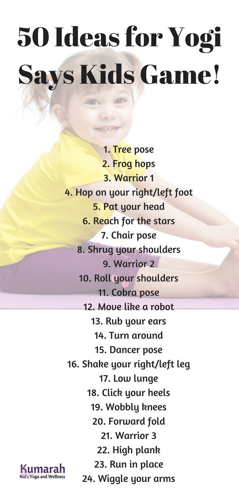 Yogi Says for Kids! Free download of kids yoga game prompts for the best way to practice and try new kids yoga poses in a fun game. How to play active and engaging yoga games for kids in studios or schools. #kidsyoga #yogainschools #activekids #getkidsmoving Kids Yoga Games, Preschool Yoga, Toddler Yoga, Yoga Lesson Plans, Prana Yoga, Yoga Games, Childrens Yoga, Yoga Nature, Kids Yoga Poses