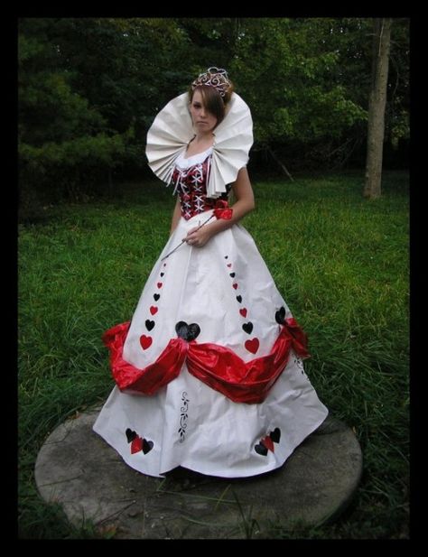 mental_floss Blog  Duct Tape Queen of Hearts Dress Knave Of Hearts Alice In Wonderland Costume, Duck Tape Dress, Duct Tape Prom Dress, Duct Tape Dress, Duct Tape Projects, Black Crows, Heart Costume, Queen Of Hearts Costume, Duct Tape Crafts