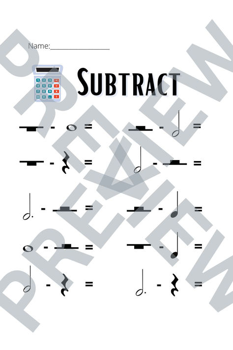 Subtract Music Math with Rests is a great worksheet for students learning basic rhythms and quarter, half, and whole rests.      Print off the worksheet.     Simply have the student/s finish the equations.  I liked to use this as homework sometimes instead of an in-class activity.  I also have a beginner, dotted quarter and single eighth notes, and pairs of eighth notes version in my store!  Happy Teaching!! Music Math, Eighth Note, Class Activities, Math Worksheet, Equations, Math Worksheets, Homework, Student Learning, Musical