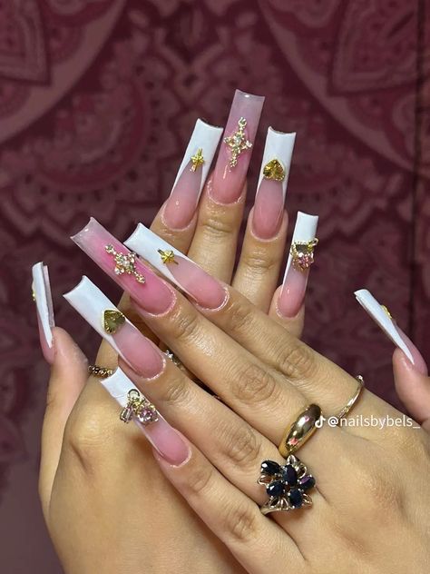 Long Nail Designs With Charms, Crown Charm Nails, Long French Tip Nails With Charms, Gold Charms Nails, Pink And Gold Acrylics, Long Gold Nails, Gold Charm Nails, Nails With Gold Charms, Money Nails Designs