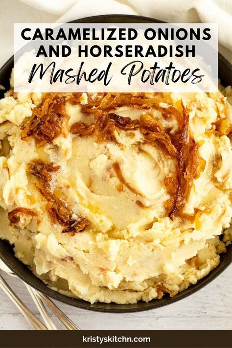 Caramelized onions and horseradish mashed potatoes in a bowl Refrigerator Pickled Beets, Horseradish Mashed Potatoes, Creamy Mashed Potatoes Recipe, Carmelized Onions, Beetroot Salad, Side Dishes Recipes, Mashed Potato Recipes, Caramelized Onion, Thanksgiving Sides