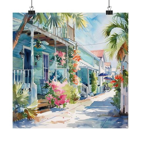 Key West Streetscape Art, Florida Keys Painting, Quaint Floral Beach Cottage, Key West Cityscape Watercolor Print, Beach Art, Travel Poster Key West Art, Key West Cottage, Wall Art Florida, Tropical Beach Houses, Florida Poster, Art Plage, Beach House Wall Art, Cottage Prints, Cottage Painting