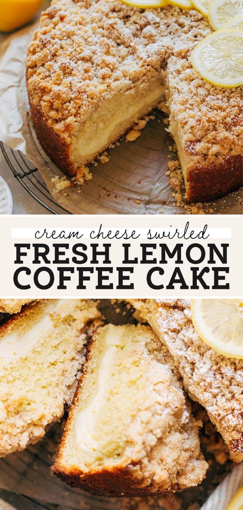 This moist lemon coffee cake is baked with a layer of lemon cream cheese and topped with a crunch crumble. It has a bright flavor with a rich texture and is the perfect treat for brunch! #coffeecake #lemon #creamcheese #brunch #butternutbakery | butternutbakeryblog.com Lemon Cream Cheese Coffee Cake, Lemon Cream Cheese Filling, Lemon Coffee Cake, Classic Coffee Cake, Delicious Lemon Cake, Lemon Coffee, Butternut Bakery, Cream Cheese Coffee Cake, Lemon Cream Cheese