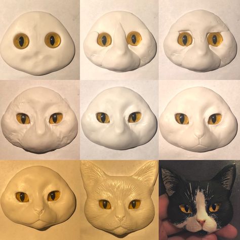 How To Sculpt A Cat From Clay, Polymer Clay Fur, Polymer Clay Cat Face, Polymer Clay Cat Sculpture, Cat Clay Tutorial, Polymer Clay Crafts Sculpting, Polymer Clay Sculpture Ideas, Clay Ideas Cat, Cat Clay Sculpture