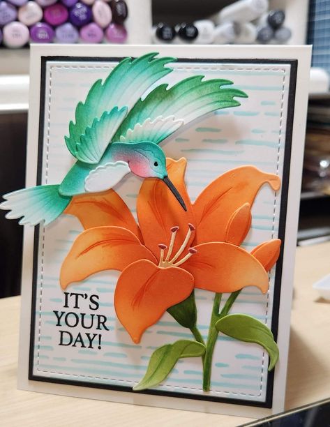 Hummingbird Card, Hummingbird Birthday Cards, Handmade Cards With Hummingbirds, Spellbinders Hummingbird And Lily, Paper Quilling Hummingbird, Hummingbird Wedding Invitations, Hummingbird Colors, Happy Birthday Babe, Hummingbird Art