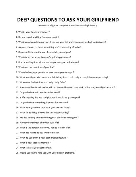 List of Deep Questions To Ask Your Girlfriend Questions To Ask Girlfriend, Personal Questions To Ask, Girlfriend Questions, Questions To Ask Your Girlfriend, Questions To Ask A Girl, Clever Pick Up Lines, Text Conversation Starters, Boyfriend Questions, Friends Quiz