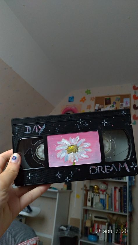 Vhs Tape Painting, Vhs Cassette Aesthetic, Painting Cassette Tapes Aesthetic, Painted Vhs Tapes, Cassette Tape Art Painting, Videotape Aesthetic, Caset Tape Aesthetic, Vhs Tape Art, Music Tape Aesthetic