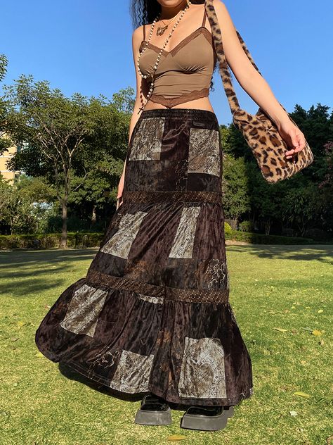 HEYounGIRL Vintage Women Long Skirt Grunge Velvet Retro Plaid Print Casual Skirt Female Hight Waist Skirt Aesthetic Outfit, Low Rise Skirt Outfit, Long Skirt Aesthetic, Long Skirt Outfits For Summer, Long Plaid Skirt, Low Rise Skirt, Skirt Aesthetic, Long Skirt Outfits, Midi Wrap Dress