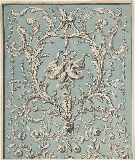 18th Century Design, Neoclassical Wallpaper, French Floral Pattern, 18th Century Landscape, French Wallpaper, French Ephemera, Blue Illustration, French Pattern, French Rococo