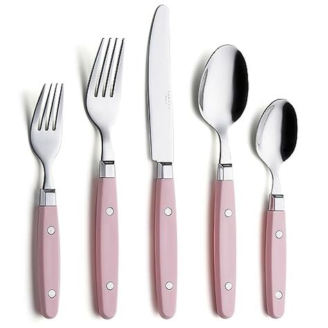 ANNOVA Silverware Set 20 Pieces Stainless Steel Color Handle With Rivet/Retro Flatware - 4 x Dinner Knife; 4 x Dinner Fork; 4 x Salad fork; 4 x Dinner Spoon; 4 x Dessert Spoon (Light Pink, 20 Pieces) Cute Silverware, Blush Pink Bedroom Decor, Pink Kitchen Appliances, Retro Pink Kitchens, Pink Living Room Decor, Pink Bathroom Decor, Eating Utensils, Pic Nic, Cutlery Sets