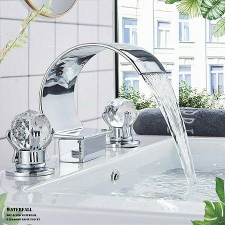 Type:Bathroom Sink/ Tub Faucet Installation Holes:Widespread 3 Material:Soilid Brass Finish:Chrome Polished Spout Overall Height:7.5-inch Spout Spread(Width):3.9-inch Diameter of each knob base:2-inch Valve Type:Ceramic Drain Included:No Connection:G1/2 Size: as the picture.  Color: Silver. Bathtub Filler, Bathroom Faucets Chrome, Bathroom Faucets Waterfall, Vanity Basin, Sink Mixer Taps, Chrome Bathroom, Widespread Bathroom Faucet, Brass Faucet, Basin Mixer Taps