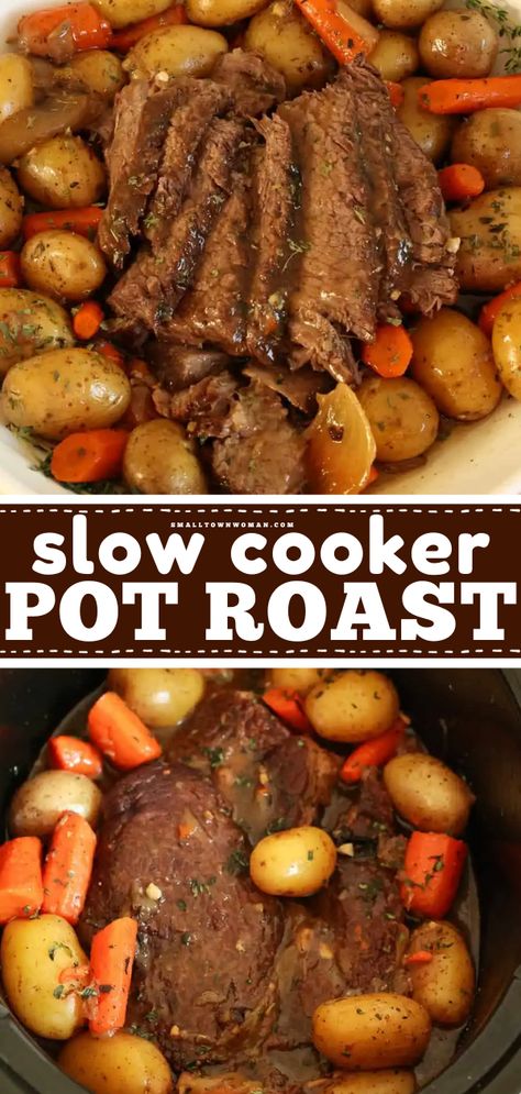 A beef recipe in the crock pot! This comfort food idea features melt-in-your-mouth tender, flavorful chuck roast. Smothered in a rich brown gravy, this slow cooker pot roast with potatoes and carrots is such a hearty dinner! Crock Pot Chuck Roast, Crockpot Pot Roast, Slow Cooker Pot Roast Recipes, Slow Cooker Pot Roast, Pot Roast Crock Pot Recipes, Easy Pot Roast, Best Pot Roast, Pot Roast Recipe, Slow Cooker Roast