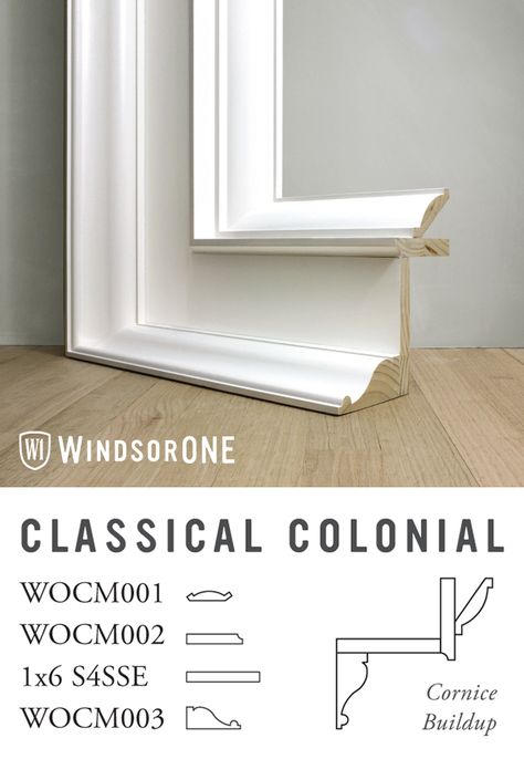 Construction of a Classical Colonial cornice, from the WindsorONE Classic American Molding Collection Colonial Molding And Trim, Colonial Trim Moldings, Colonial Wainscoting, Classic Colonial Interior, Classic Panelling, Trim Casing, Old Colonial Homes, Colonial Windows, Colonial Bedroom