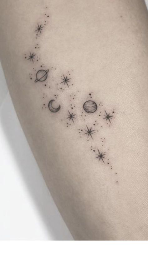 Space Tattoos Collar Bone, Small Cosmic Tattoo, Space Collarbone Tattoo, Simple Constellation Tattoo, Dainty Planet Tattoo, Minimalist Constellation Tattoo, Cat Constellation Tattoo, Stars Leg Tattoo, Moon And Constellation Tattoo