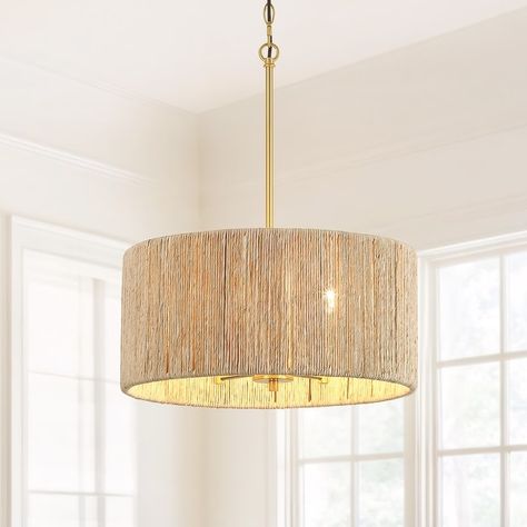 Jillian 4-Light Rattan Drum Chandelier Light with Brass Canopy - 18'' W - Bed Bath & Beyond - 39041477 Drum Silhouette, Transitional Style Decor, Drum Light, Rattan Shades, Chandelier Metal, Rattan Pendant, Dining Room Light Fixtures, Geometric Chandelier, Drum Chandelier