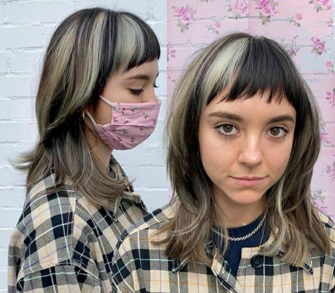 Mullet With Chunky Highlights, Alternative Highlights Hair, Chunky Highlights Mullet, Raccoon Tail Short Hair, Edgy Brown Hair, Alternative Hair Dye Ideas, Short Skunk Hair, Punk Highlights, Highlights Mullet