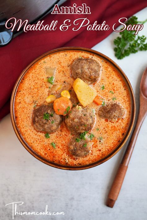 Patato Soup, Meatball Soup Crockpot, Meatball Potato, Stovetop Soup, Italian Meatball Soup, Mennonite Recipes, The Best Soup, Soup Crockpot, Old Order