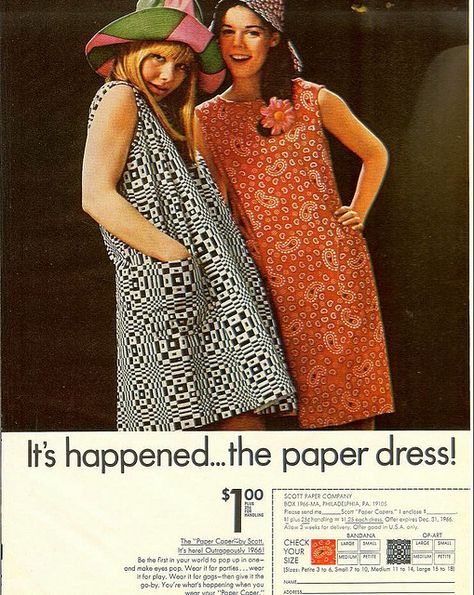 From Mademoiselle, June 1966 My mom always into fashion, ordered a paper dress in the late 60's. Make Eyes Pop, Paper Dresses, Paper Clothes, 60s And 70s Fashion, Retro Looks, Paper Dress, 1960s Fashion, 60s Fashion, 70s Fashion