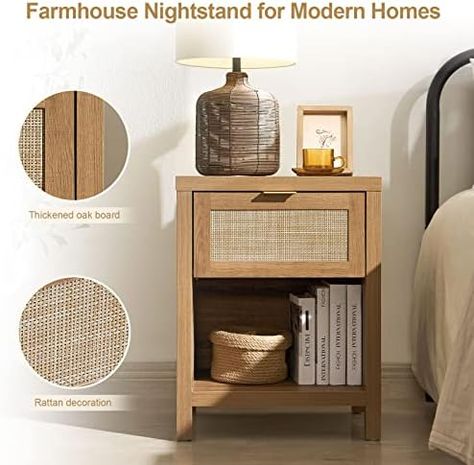 Farmhouse Night Stand, Rattan Furniture Decor, Farmhouse Night, Boho Bedside Table, Boho Nightstand, Rattan Nightstand, Shelf Bedside Table, Nightstand Design, Side Tables For Bedroom