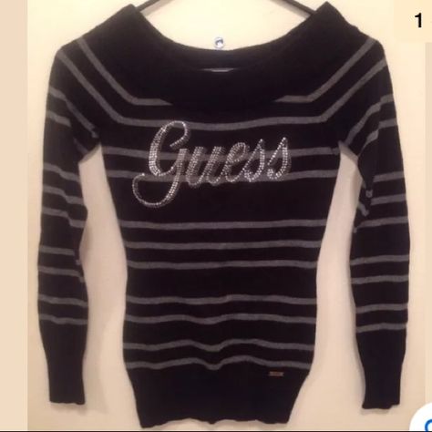 This Sweater Is Basically Brand New. However There Are 4 Little Stones Missing From The Name. Great Sweater! Y2k Rhinestone Top, Black And Grey Striped Sweater, Guess Sweater, Y2k Rhinestone, Boutique Couture, Rhinestone Top, Fits Clothes, Girly Fashion, Striped Sweater