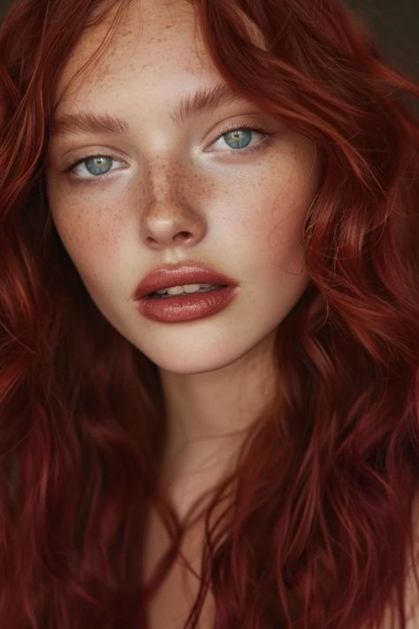 Close-up of a woman with curly red hair and blue eyes, freckled complexion, and neutral makeup. Deep Cherry Red Hair, Cherry Red Hair Color, Dark Cherry Hair, Blood Red Hair, Natural Hair Ponytail, Cherry Hair Colors, Wine Hair Color, Red Hair Color Ideas, Red Hair Looks