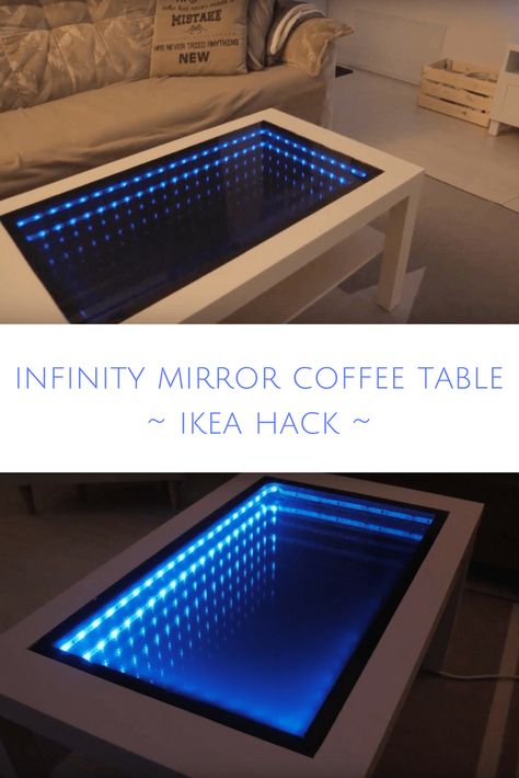 How I transformed an IKEA table into an Infinity Mirror Coffee Table Looking Mirror Design, Coffee Table Ikea, Infinity Mirror Table, Infinity Mirror Diy, Mirror Coffee Table, Ikea Lack Coffee Table, Infinity Table, Lack Coffee Table, Table Ikea