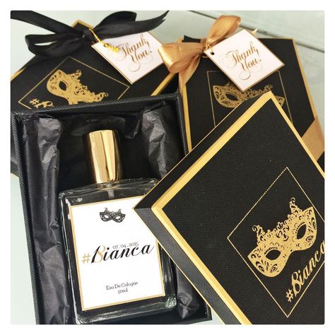 Black & Gold Favors for masquerade themed debut. Made by BC Fragrance Masquerade Party Favors, Debut Themes, Champagne Wedding Favors, Chanel Birthday Party, Happy 18th Birthday, Debut Ideas, Passport Invitations, Pocketfold Invitations, Perfume Packaging