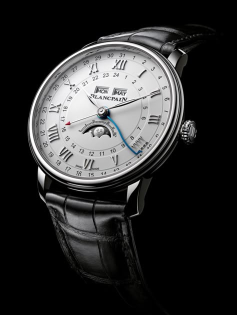 Blancpain Villeret Quantieme Complet in steel on alligator strap   #blancpain #blancpainvilleret #watchtime #Baselworld2018 #gmtwatch Blancpain Villeret, Fifty Fathoms, Mens Casual Watches, Best Watch Brands, Citizen Watches, Big Watches, Best Watches For Men, Fossil Watches, Watches Luxury