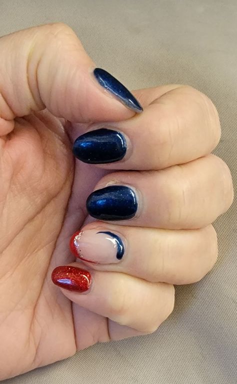 Dark Blue And Red Nails, Blue And Maroon Nails, Navy Blue And Red Nails, Red And Navy Nails, Navy And Red Nails, Red Nail Design, Blue Toe Nails, Football Nails, Mickey Nails