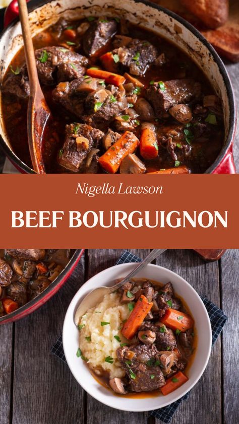 Nigella Beef Bourguignon Beef Bourguignon Stovetop, Braised Recipes, Nigella Recipes, Beef Bourguignon Slow Cooker, Savory Beef Stew, Braising Recipes, Beef Stews, Nigella Lawson Recipes, Chef Dishes