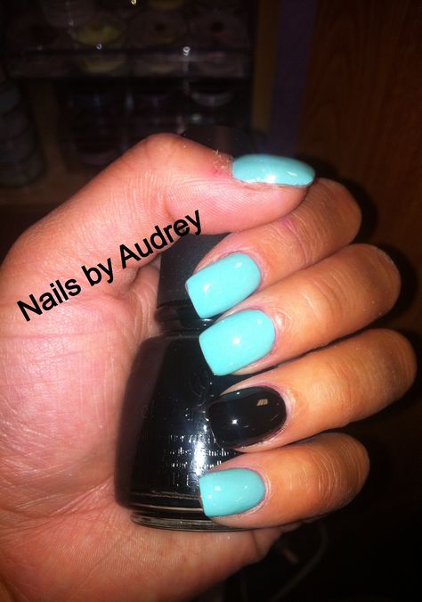 Black and Tiffany blue nails! Black And Baby Blue Nails, Breakfast At Tiffany’s Nails, Tiffany Blue And Black Nails, Tiffany Inspired Nails, Matte Black And Turquoise Nails, Aqua And Black Nails, Teal Black And White Nails, Turquoise And Black Nails, Tiffany Blue Nails