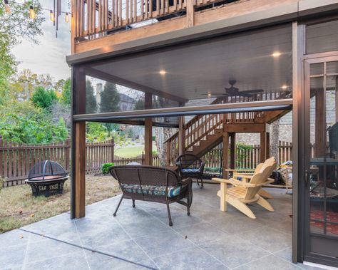 Adding Motorized Phantom Screens to Backyard Porch - Southern Hospitality Screened In Porch Below Deck, Screened In Under Deck Ideas, Screen Deck Ideas, Screened In Porch Under Deck Ideas, Patio To Screened In Porch, Screened In Lower Deck, Under Deck Porch Ideas, Backyard With Screened In Porch And Pool, Diy Screen In Porch