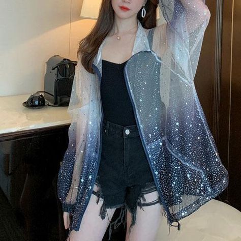 Galaxy Mesh Jacket SD01099 Transparent Coat, Sheer Jacket, Mesh Jacket, Tag Friends, Cheap Jacket, Sparkling Stars, Outwear Women, Color Gradient, Coat Black