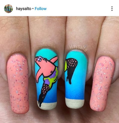 Plankton Nails, Sponge Bob Nails, Spongebob Nail Art, Spongebob Nails, Black Acrylic Nail Designs, Cherry Nail Art, Disney Acrylic Nails, Hot Nail Designs, Kawaii Nail Art