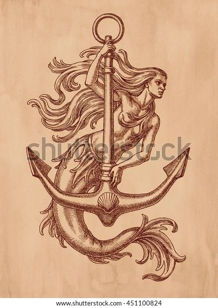 Ink Pen Drawing Mermaid Anchor On Stock Illustration 451100824 | Shutterstock