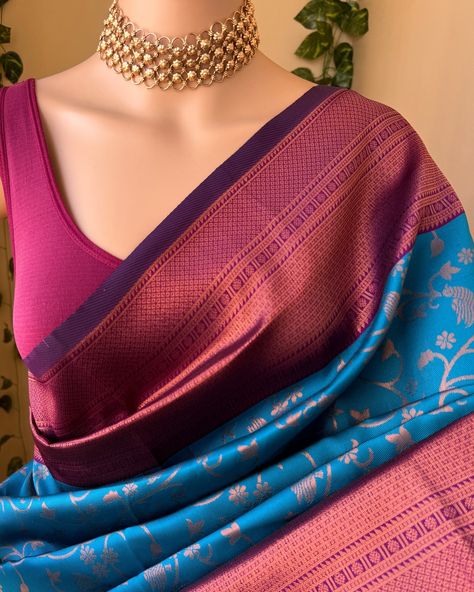 Www.thejacouture.in> silk sarees> Teal blue art silk saree. Teal blue art silk saree with contrast magenta border. Comes with copper gold zari design all over saree and pallu with contrast blouse . Blouse : 80cm Wash care: Normal wash. #skybluesaree #artsilk #saree #sareelove #indiantradition #silksarees #uniquecombination #instagramsarees #onlineshopping Teal Blue Saree Contrast Blouse, Teal Color Saree With Contrast Blouse, Teal Colour Saree, Unstitched Blue Tissue Silk Saree, Blue Silk Thread Saree, Festive Blue Tussar Silk Pre-draped Saree, Sky Blue Saree, Art Silk Sarees, Contrast Blouse