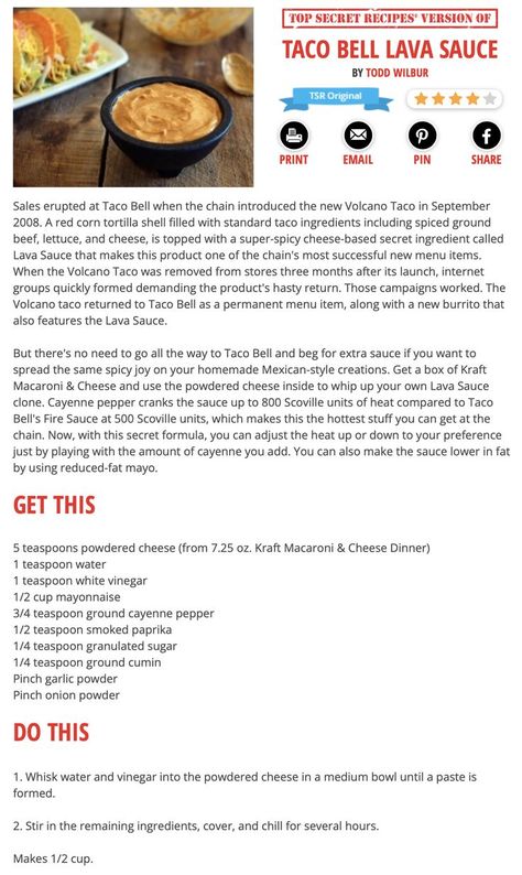 Taco Bell Lava Sauce Recipe, Lava Sauce Recipe, Lava Sauce, Nachos Cheese Recipe, Taco Bell Recipes, Ketchup Recipe, Spicy Cheese, Homemade Sauce Recipes, Top Secret Recipes