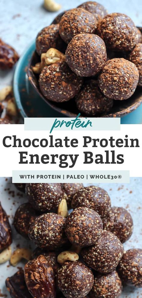 These healthy, no bake Cashew Chocolate Protein Energy Balls require just four ingredients and are so easy. Made with cashews, dates, cocoa powder, and egg white protein, these Paleo snack bites are the perfect meal prep recipe. Naturally gluten free, Whole30, dairy free, easily adapted to be vegan, and jam packed with flavor, these snack balls are super simple, perfectly portable, and totally kid friendly! #healthysnacks #paleo #powerballs #glutenfree #grainfree #cleaneating #whole30 #mealprep Whole30 Protein Balls, Cashew Chocolate, Protein Energy Balls, Energy Balls Healthy, Paleo Snack, Snack Balls, Power Snacks, Protein Balls Recipes, Energy Ball Recipe