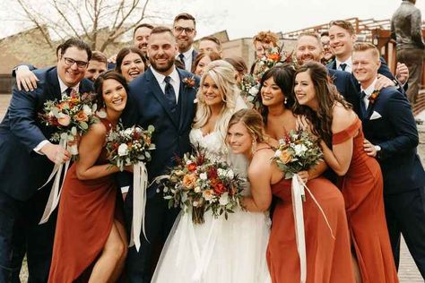 Davids Bridal Cinnamon Wedding Party, Rust Themed Wedding Groomsmen, Cinnamon Davids Bridal Bridesmaids, Bridal Party Colors Fall, Navy Blue And Rust Groomsmen, Fall Bridal Party Attire Color Schemes, Fall Wedding Tuxedos Color Schemes, Cinnamon And Navy Wedding, Auburn Wedding Colors