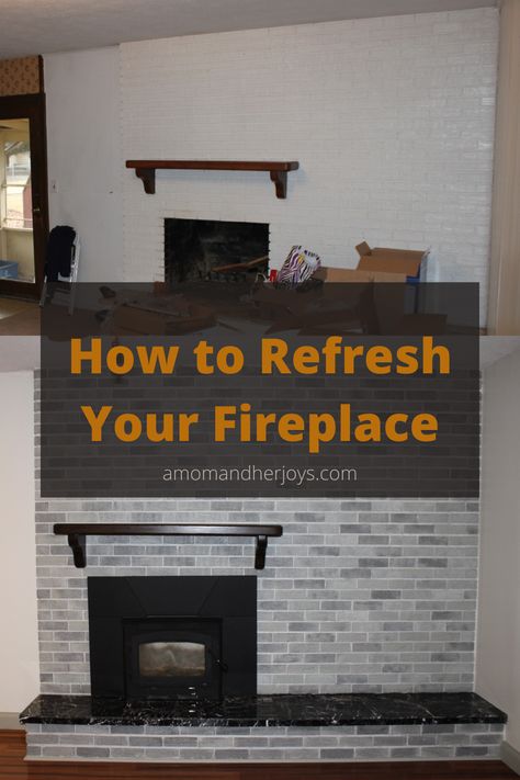 If your you've grown tired of your painted brick fireplace and are ready for a change, here's an easy way to give it an update. Stenciled Brick Fireplace, Grey Painted Fireplace Brick, Clean Brick Fireplace, Grey Brick Fireplace, Grey Painted Brick, Painted Brick Fireplace, Fireplaces Ideas, Paint Fireplace, Grey Brick