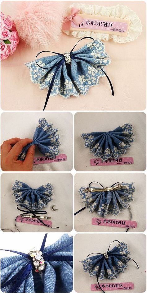 hair bow Simpul Pita, Dekoratívne Vence, Buat Pita, Diy Denim, Bows Diy Ribbon, Denim Jewelry, Diy Bows, Diy Craft Tutorials, Ribbon Art