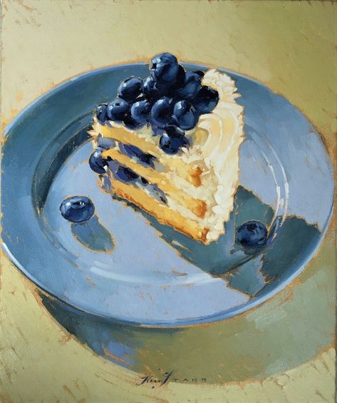 Food Art Painting, Foodie Art, Food Artwork, Spotify Playlists, Food Painting, Oil Pastel Art, A Piece Of Cake, Blueberry Cake, Seni Cat Air