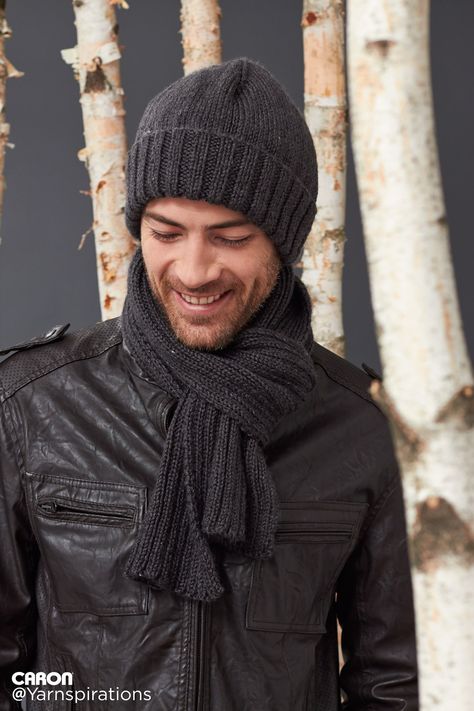 Men's Basic Hat and Scarf Set - Gifts for Him - Patterns | Yarnspirations Mens Hat Knitting Pattern, Men Scarf Pattern, Hat Patterns Free, Knit Hat For Men, Knitting Patterns Free Hats, Trendy Sewing, Hat And Scarf Sets, Knit Men, Hat And Scarf